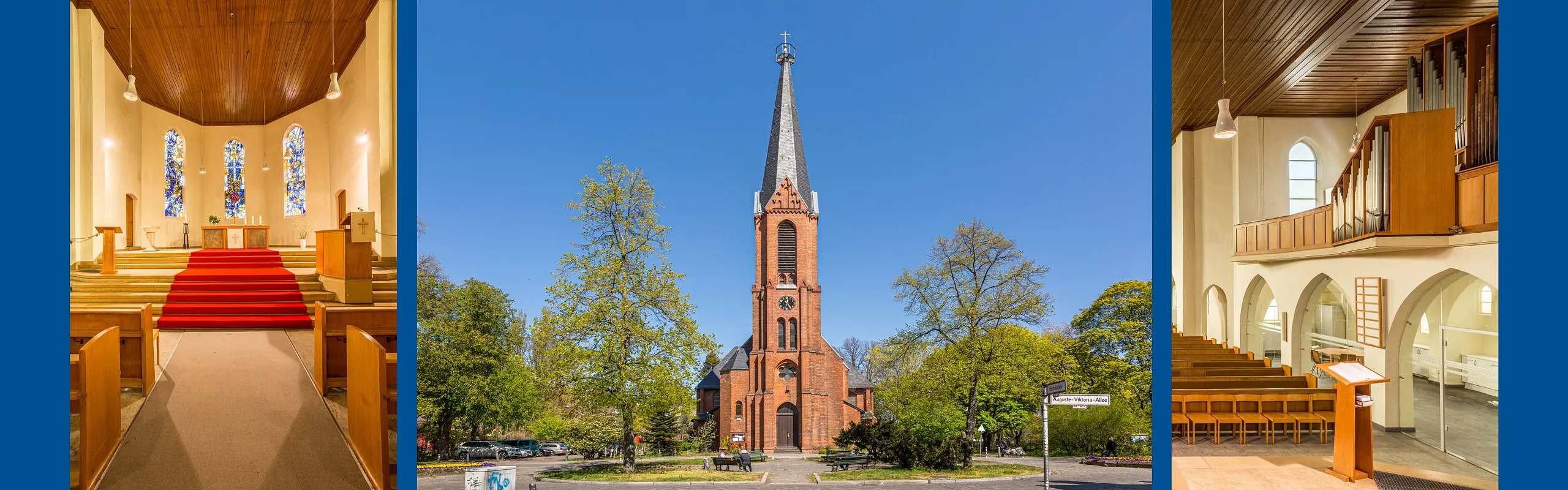 3 Fotos der Segenskirche: Blick auf Altarraum, Außenansicht, Blick auf die Orgelempore