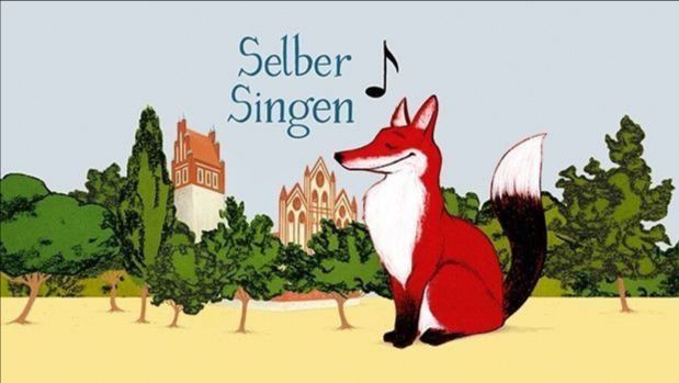 Grafik-Motiv zu 'Selber Singen' mit Fuchs auf Wiese, im Hintergrund eine Kirche
