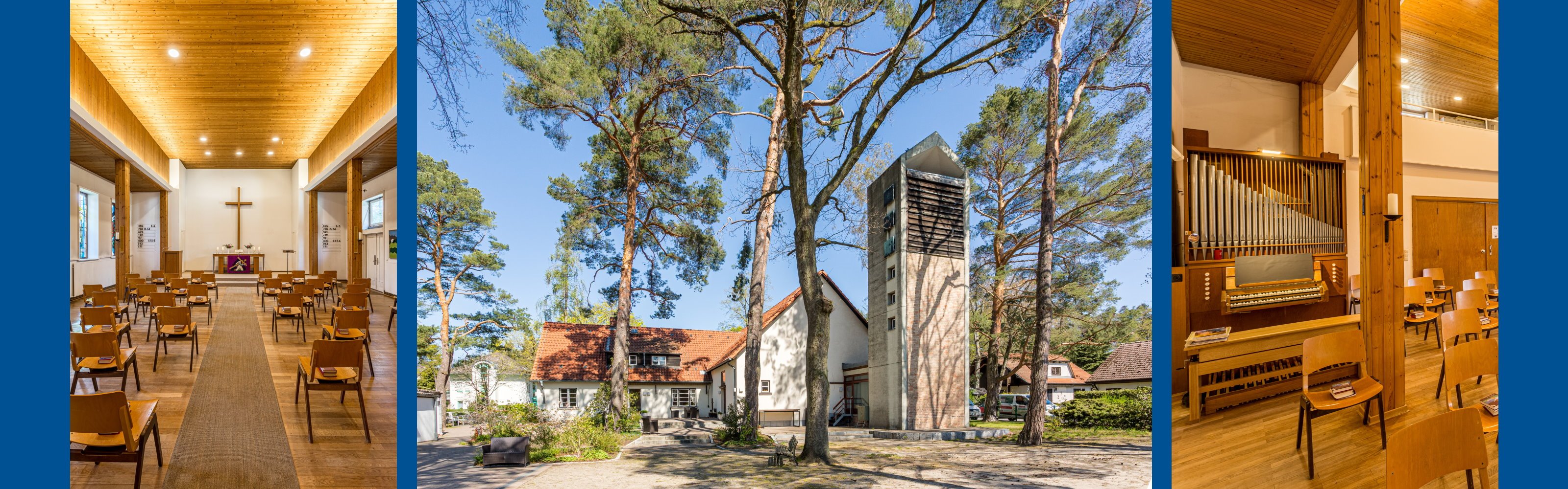 3 Fotos der Matthias-Claudius-Kirche: Blick auf den Altarraum, Außenansicht, Orgel