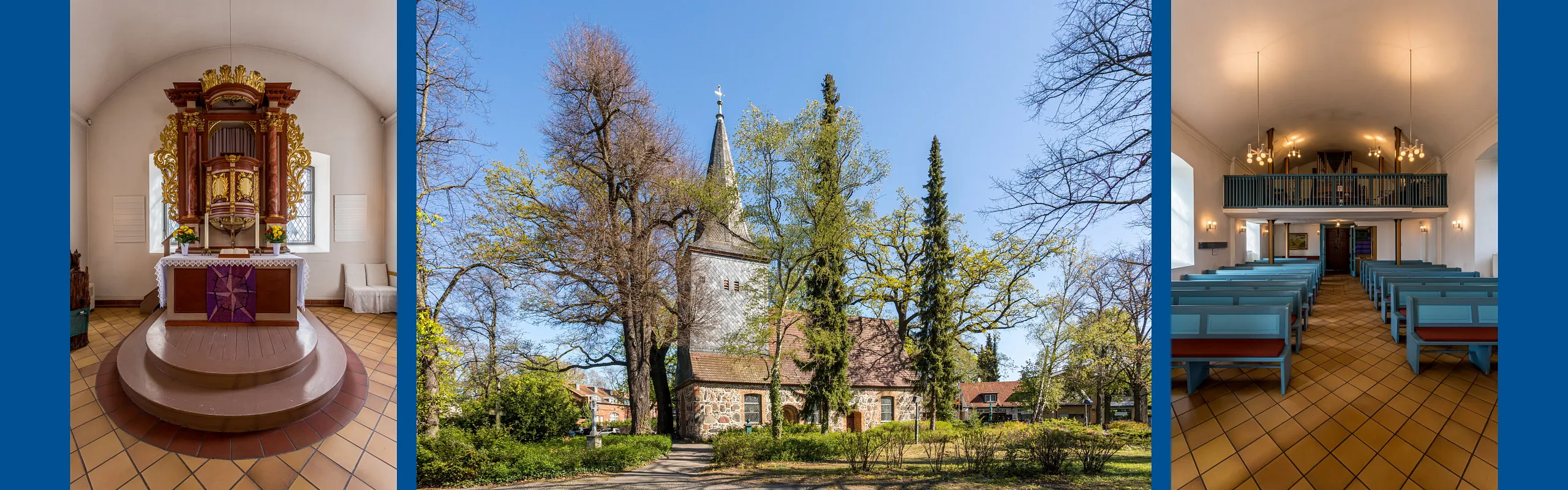 3 Fotos der Dorfkirche Wittenau: Altarraum, Außenansicht, Orgel