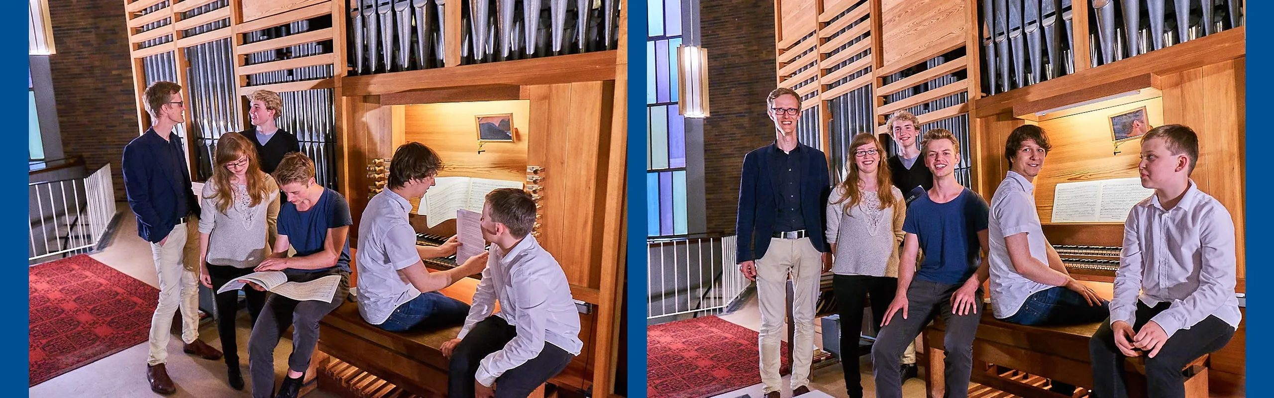 Zwei Fotos mit Jörg Walter und Orgelschüler:inen vor einem Orgelkonzert
