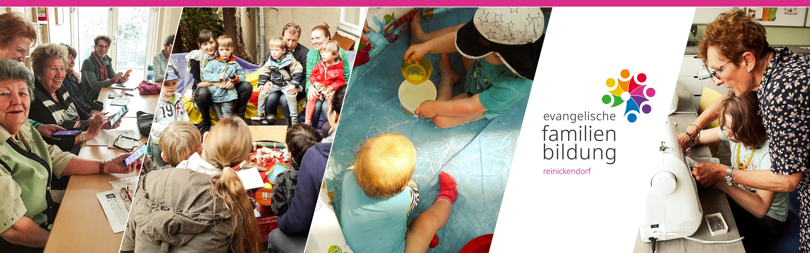 Logo der Evangelischen Familienbildung Reinickendorf, daneben Fotos mit Senioren, Familien und Kindern