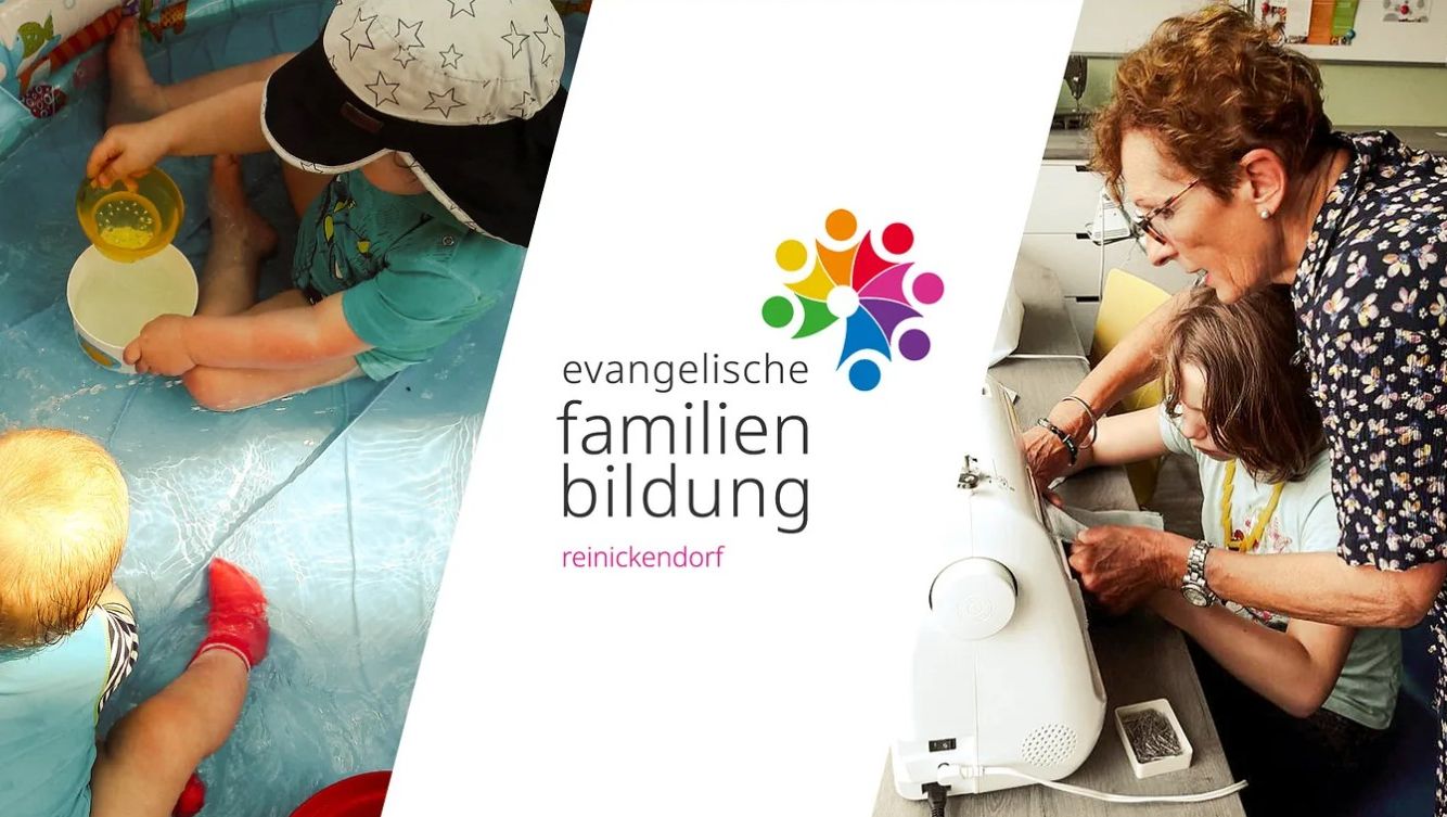 Logo der Familienbildung Reinickendorf, dahinter Fotoausschnitte mit Kinderfüßen und Frau, die sich mit einem Kind befasst 