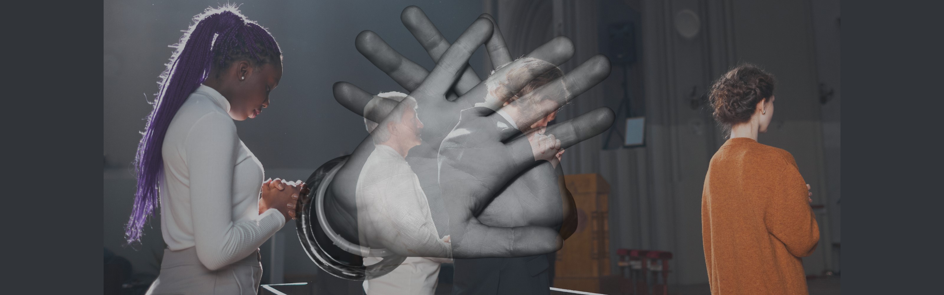 Symbolbild mit 3 betenden Frauen, davor zwei Hände in Abwehrgeste