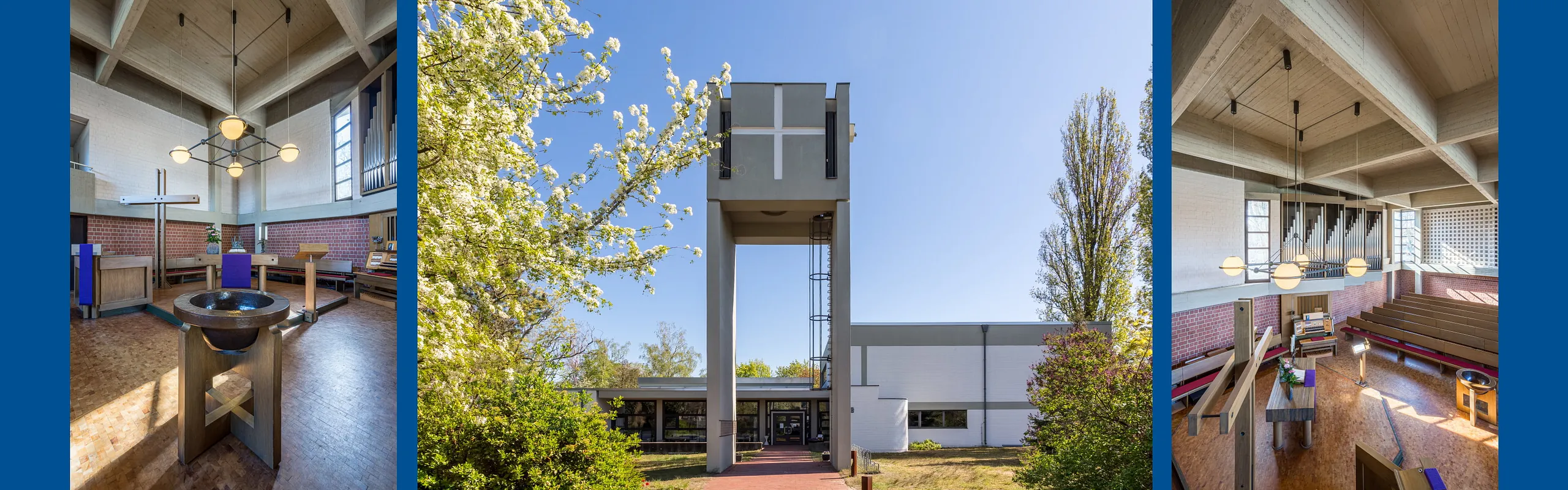 3 Fotos des Gnade-Christi-Kirche: Blick auf Altarraum mit Taufstein, Außenansicht, Blick auf die Orgel