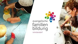 Logo der Familienbildung Reinickendorf, dahinter Fotoausschnitte mit Kinderfüßen und Frau, die sich mit einem Kind befasst 