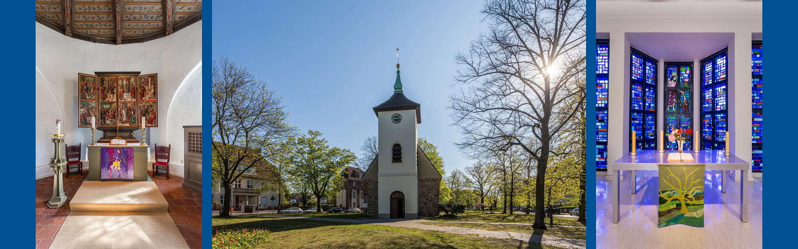 Altar der Dorfkirche Alt-Reinickendorf, Außenansicht der Dorfkirche Alt-Reinickendorf, Altarraum des Lutherhauses