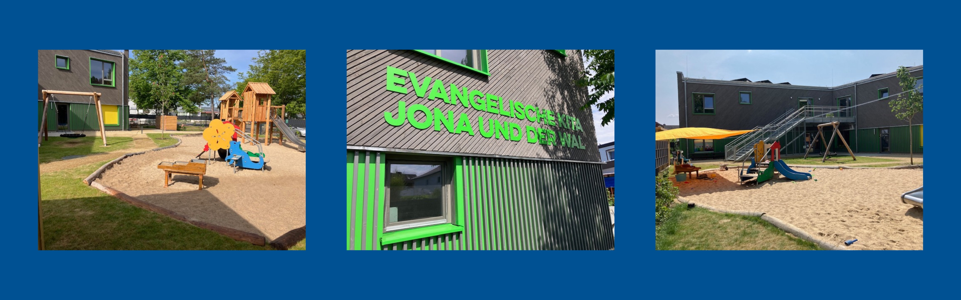 Drei Fotos der Kita Jona und der Wal: Spielplatz und Gebäudewand mit dem Namen der Kita