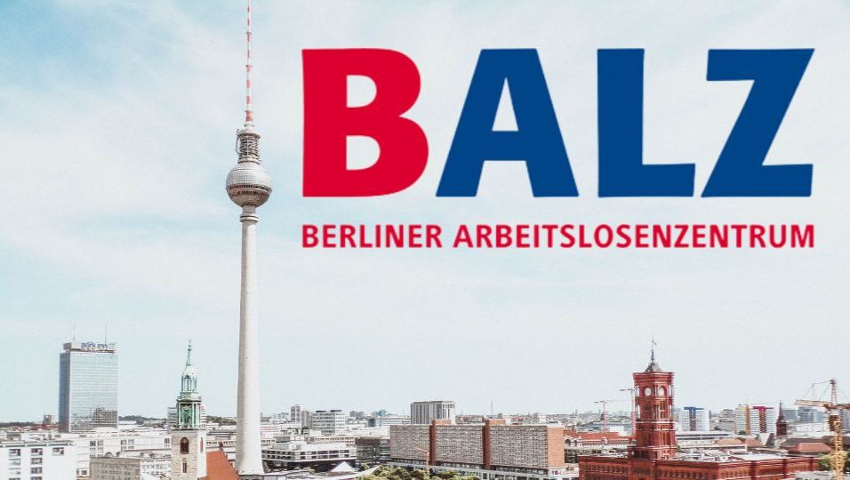 Logo BALZ - Berliner Arbeitslosenzentrum vor Berlin-Panorama
