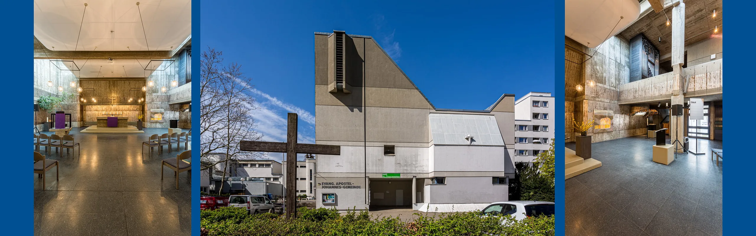 3 Fotos der Apostel-Johannes-Kirche: Blick auf Altarraum, Außenansicht, Blick auf Orgelempore