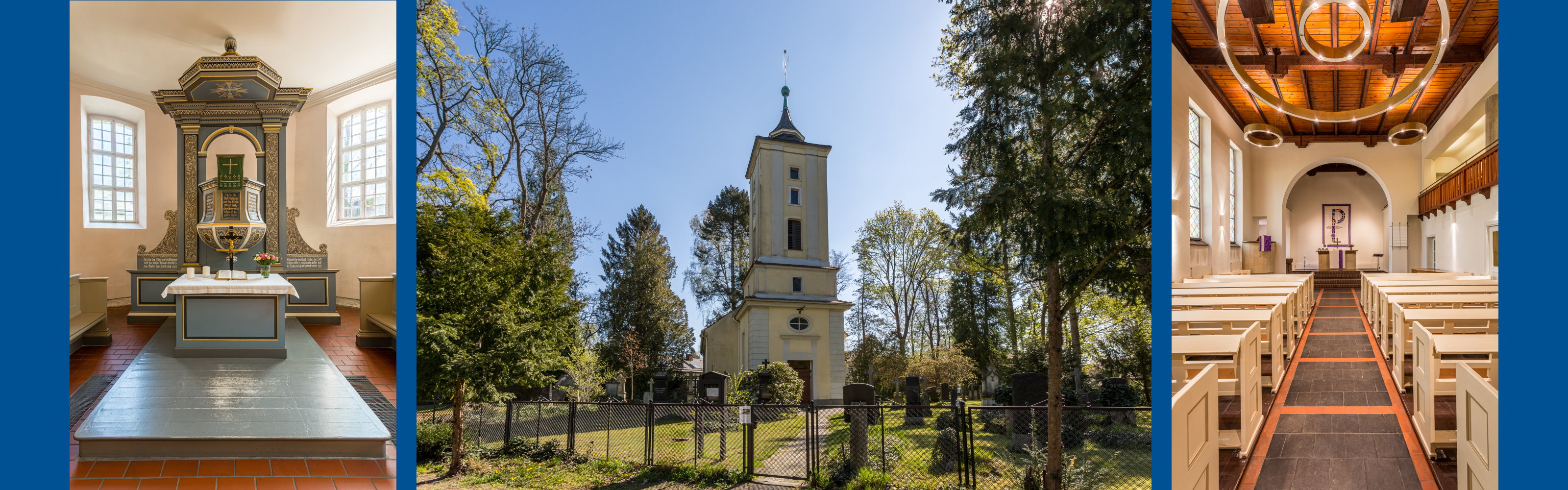 3 Fotos der Dorfkirche Alt-Heiligensee: Altar, Außenansicht, Kirchenschiff