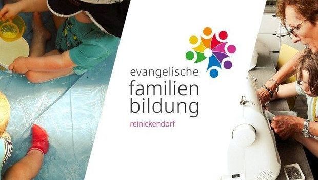 Logo der Familienbildung Reinickendorf, dahinter Fotoausschnitte mit Kinderfüßen und Frau, die sich mit einem Kind befasst 