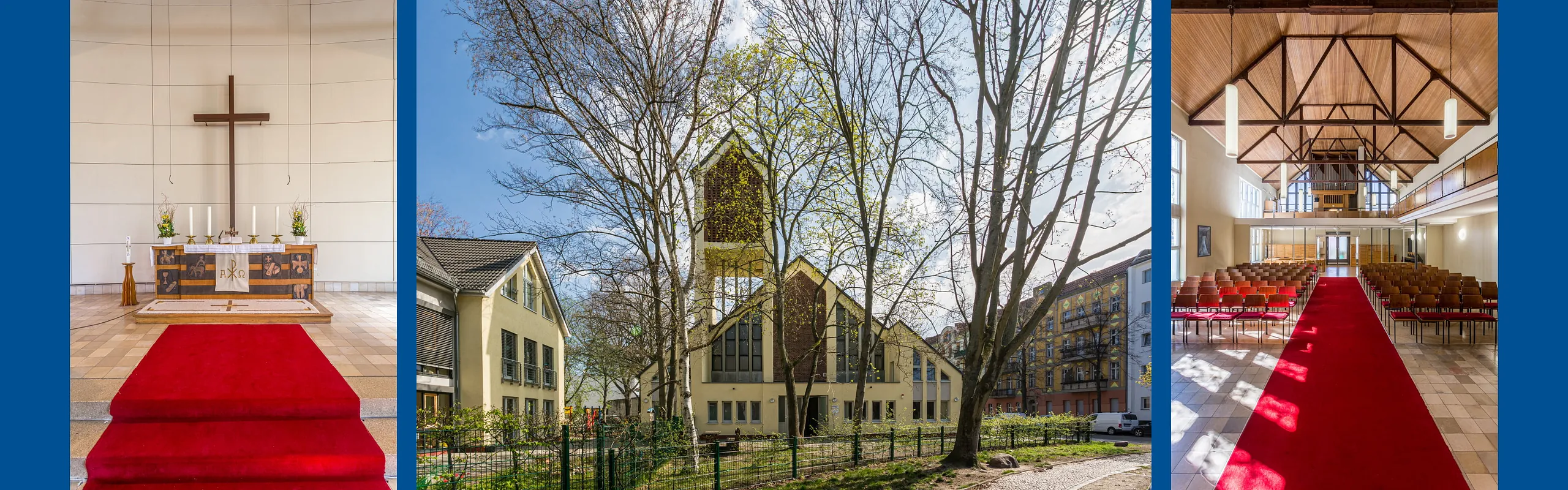 3 Fotos der Evangeliumskirche: Altarraum, Außenansicht, Blick zur Orgel