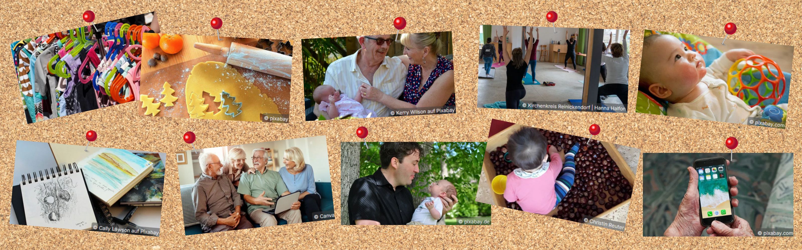 Pin-Wand mit Fotos zu den Angeboten der Familienbildung