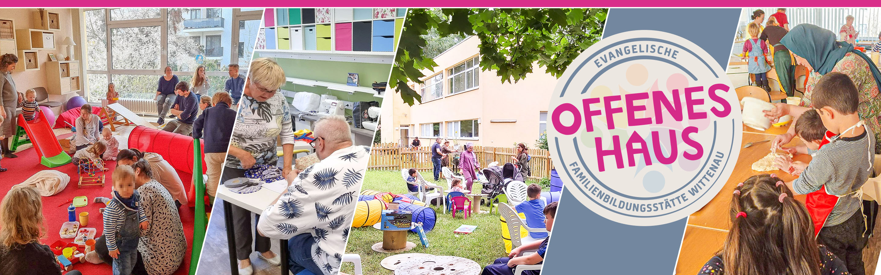 Logo des Projektes 'Offenes Haus', daneben Fotos von Kleinkindern mit Eltern, Senioren, Familien im Garten der Familienbildungsstätte, bastelnden Kindern